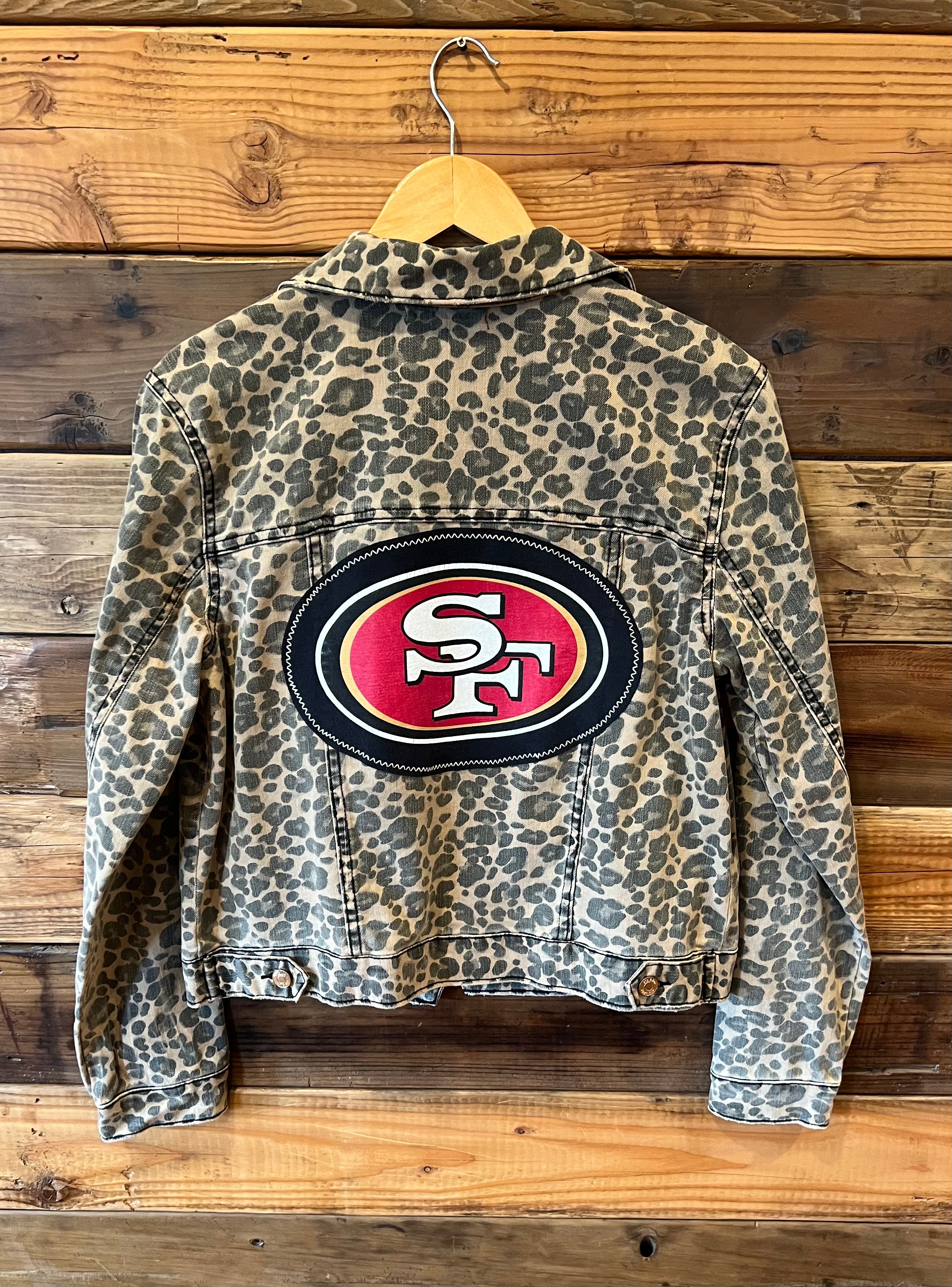One of a Kind San Francisco 49ers STS Blue faded brown leopard denim jacket