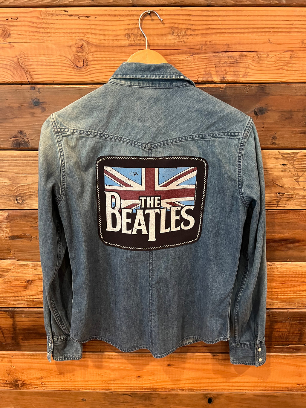 The Beatles Union Jack Flag One of a Kind American Eagle Outfitters vintage denim shirt, MadAndie custom western jean shirt