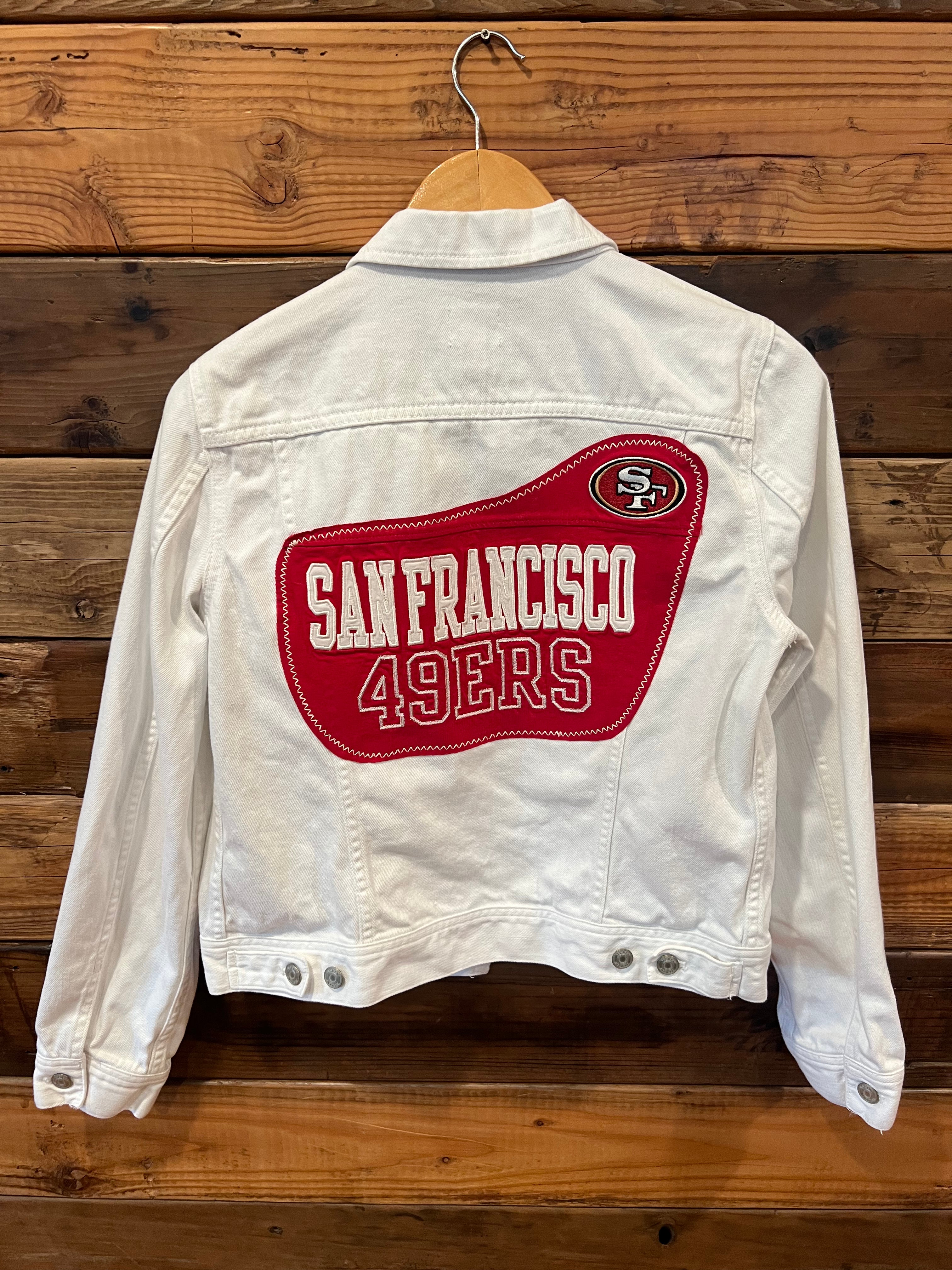 J Crew white jean jacket, custom MadAndie San Francisco 49ers Jean Jacket 