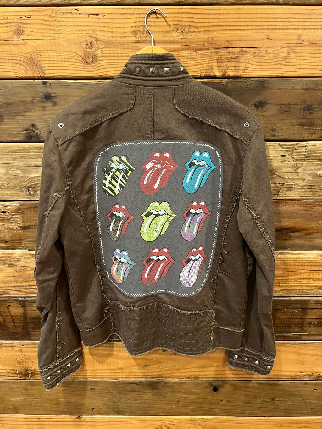 The Rolling Stones one of a kind Custom MadAndie Affliction Black Premium brown bomber jean jacket