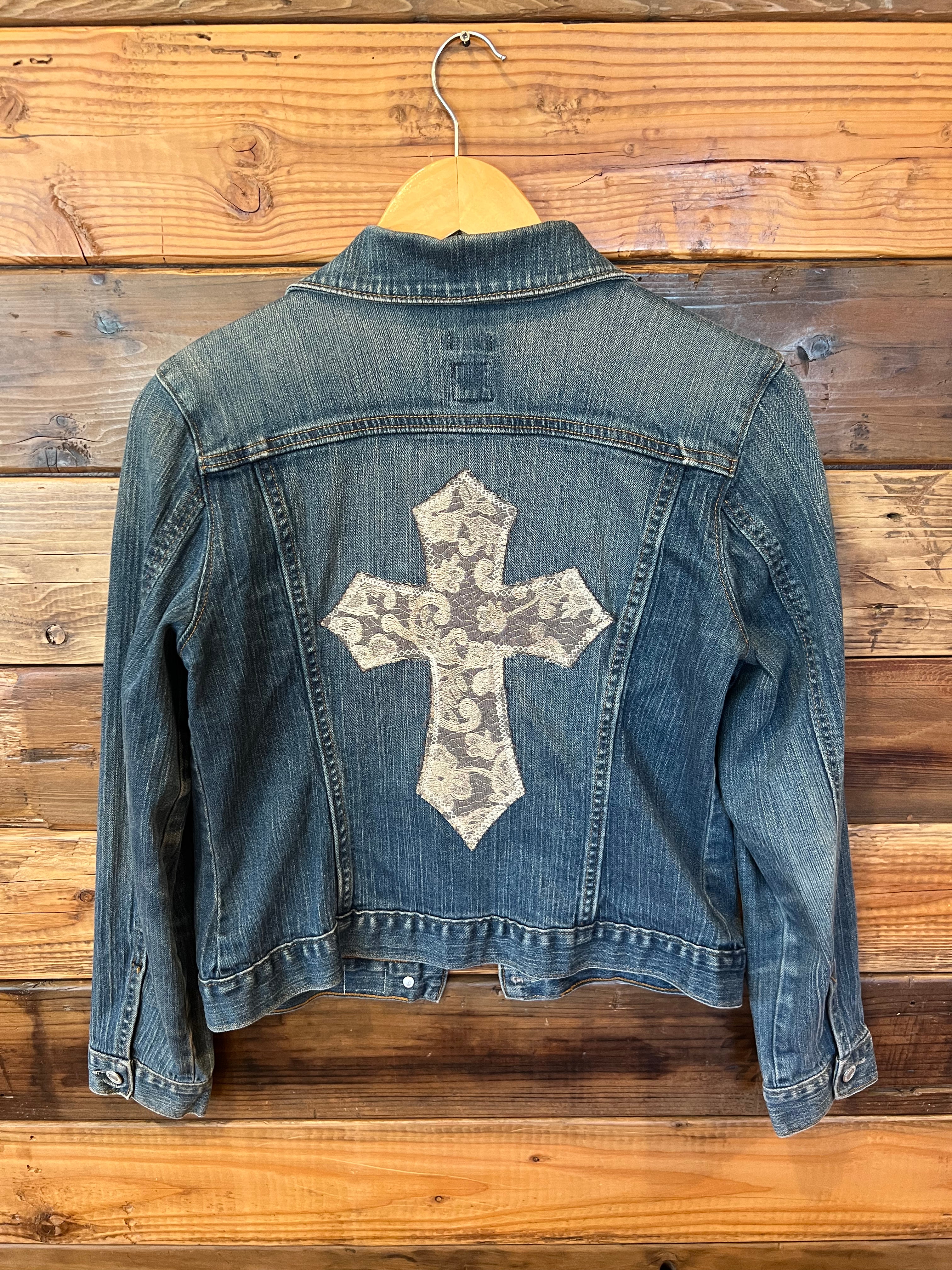 One of a Kind vintage Gap jean jacket featuring MadAndie custom cross