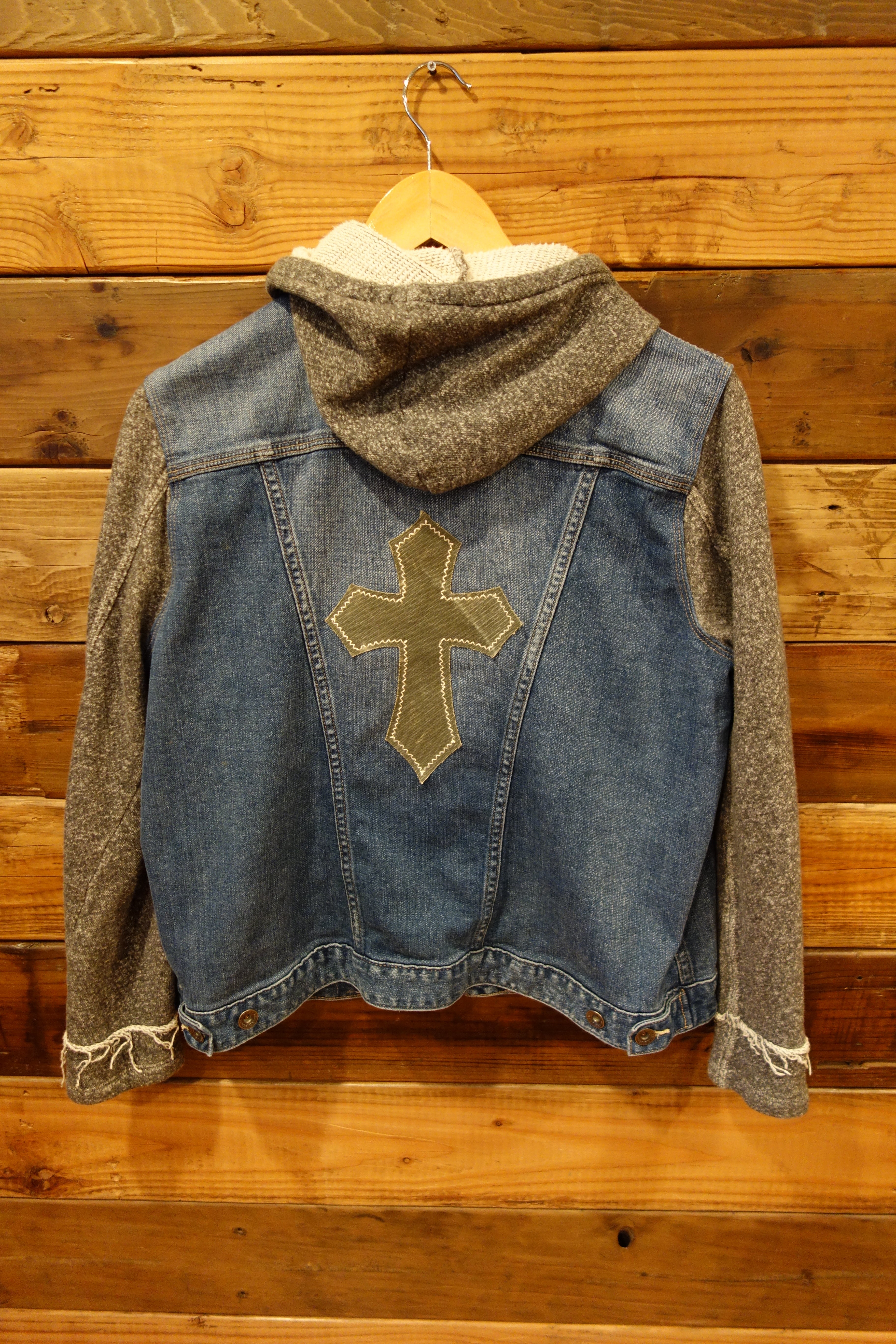 Lucky Brand jean jacket, one of a kind, upcycled clothing, military cross