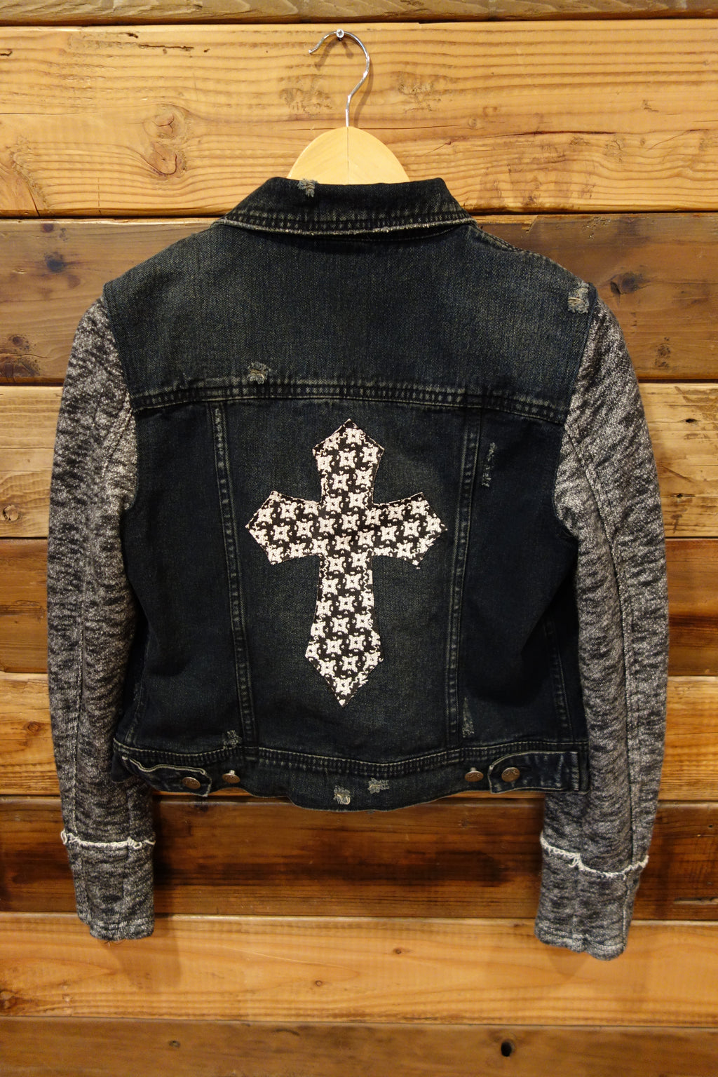 Free People one of a kind jean jacket with sleeves and removeable hood, designer cross