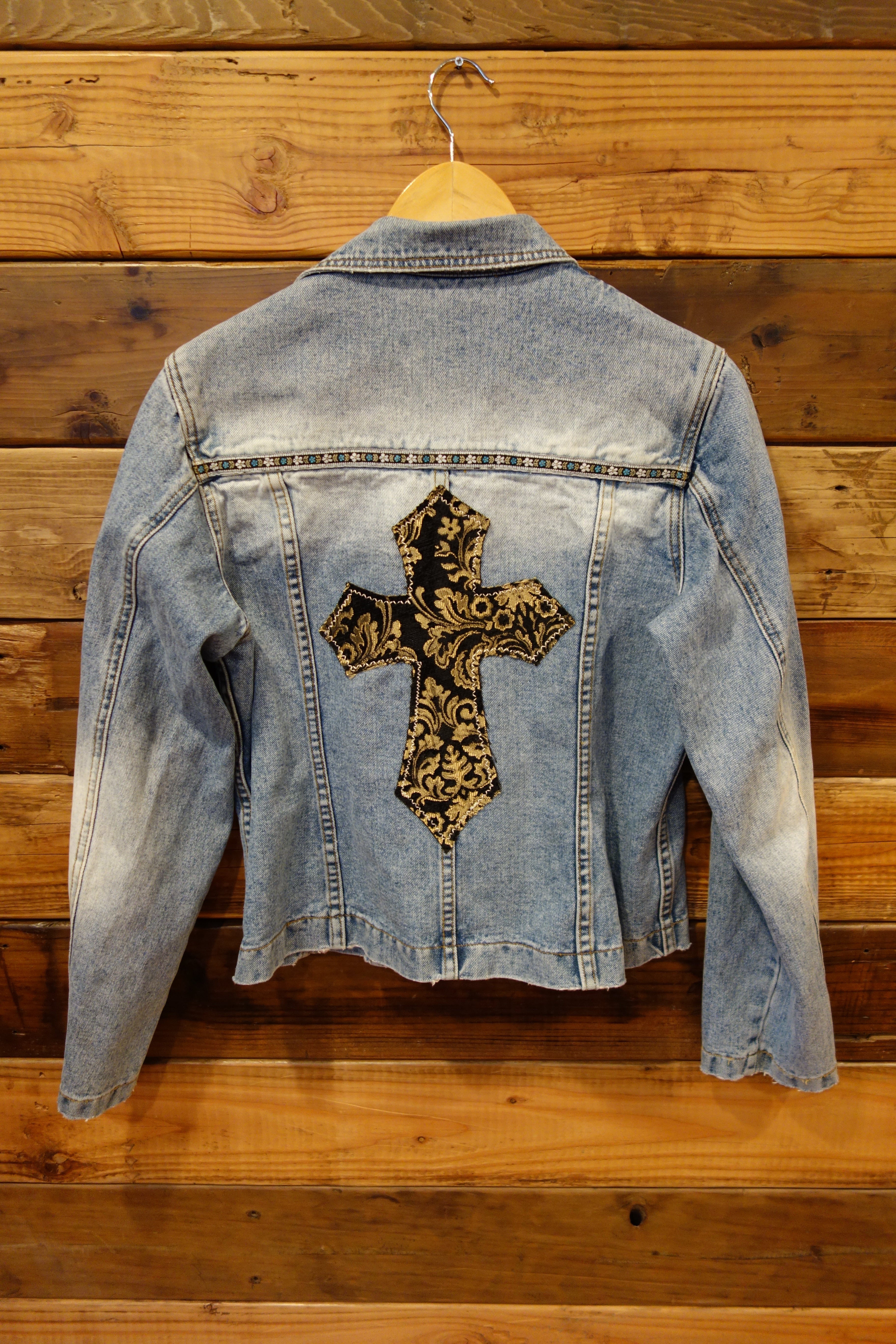 Vintage jean jacket, one of a kind, designer cross