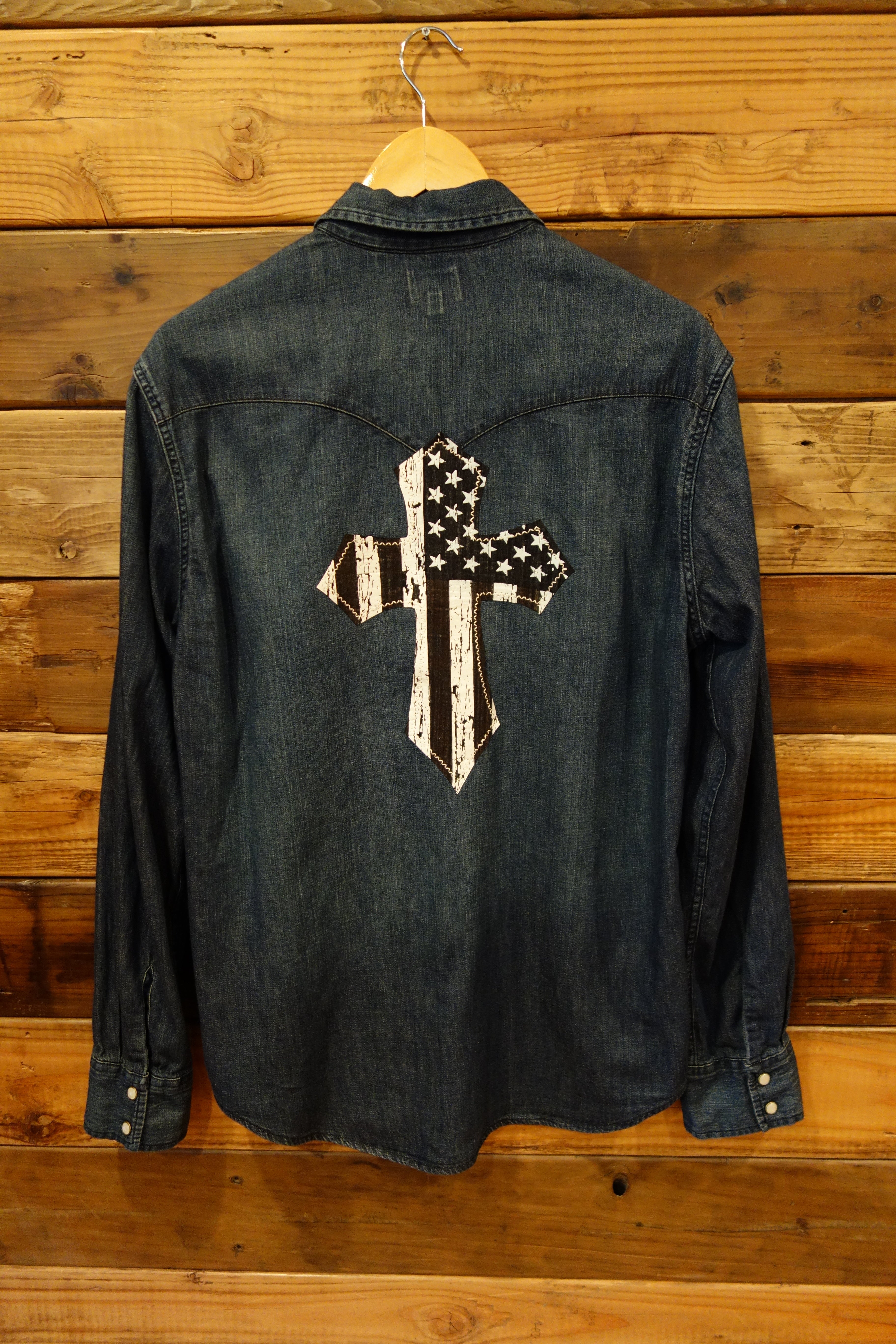 vintage Levi's jean shirt with western snaps, one of a kind, American flag cross