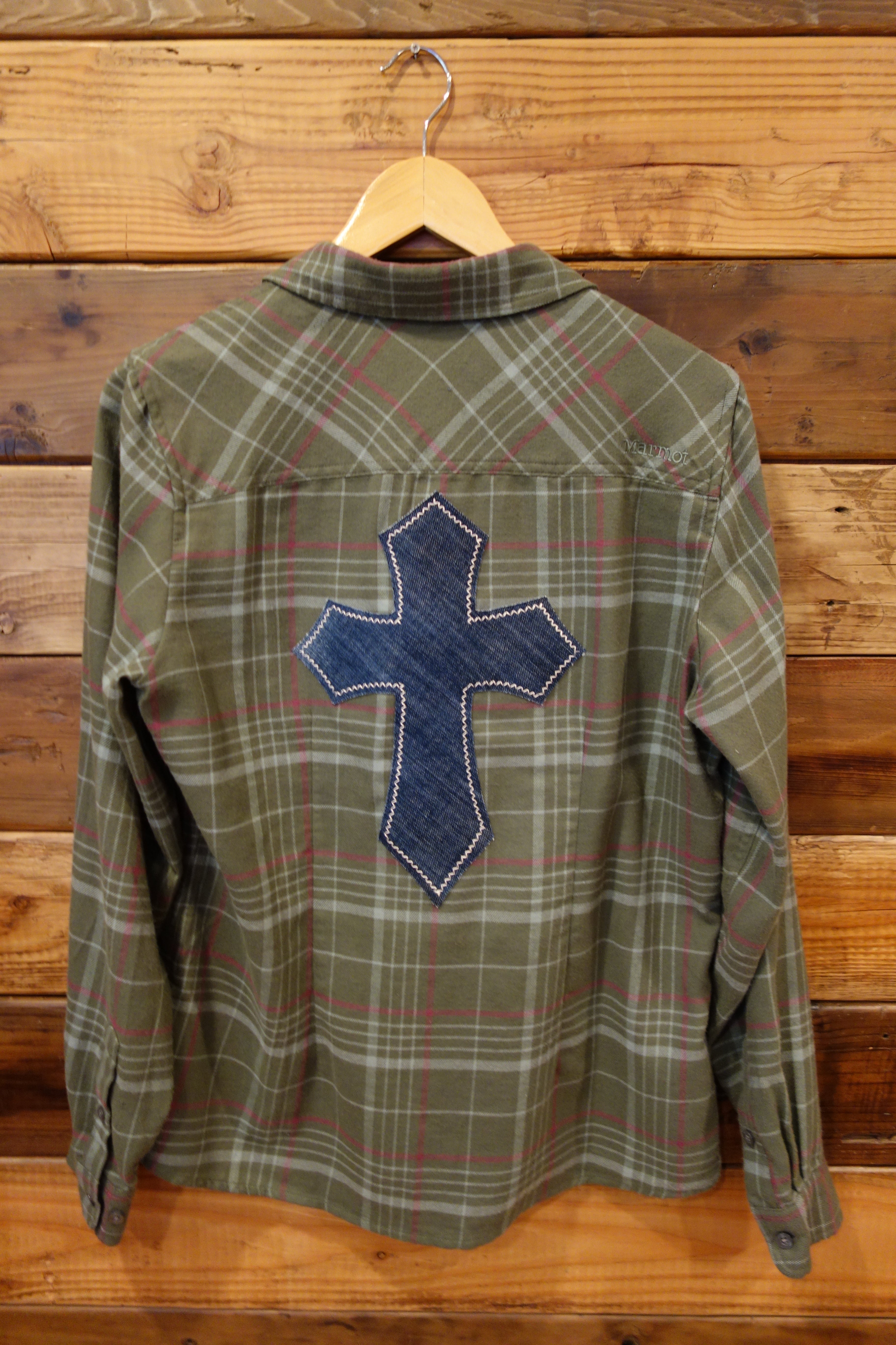 One of a kind vintage Marmot flannel, cross, upcycled clothing 