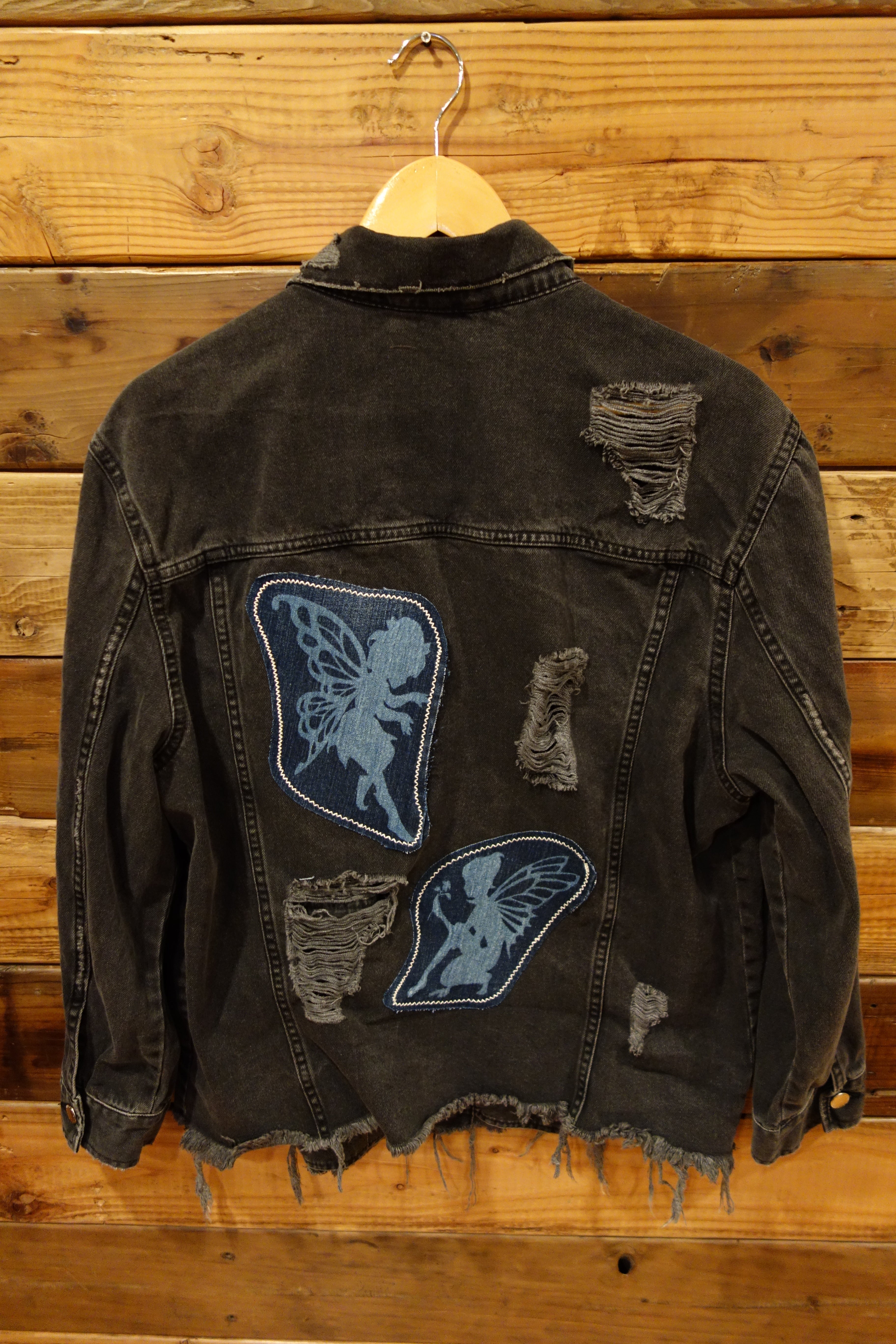 Divided distressed jean jacket, one of a kind, vintage fairies from jeans