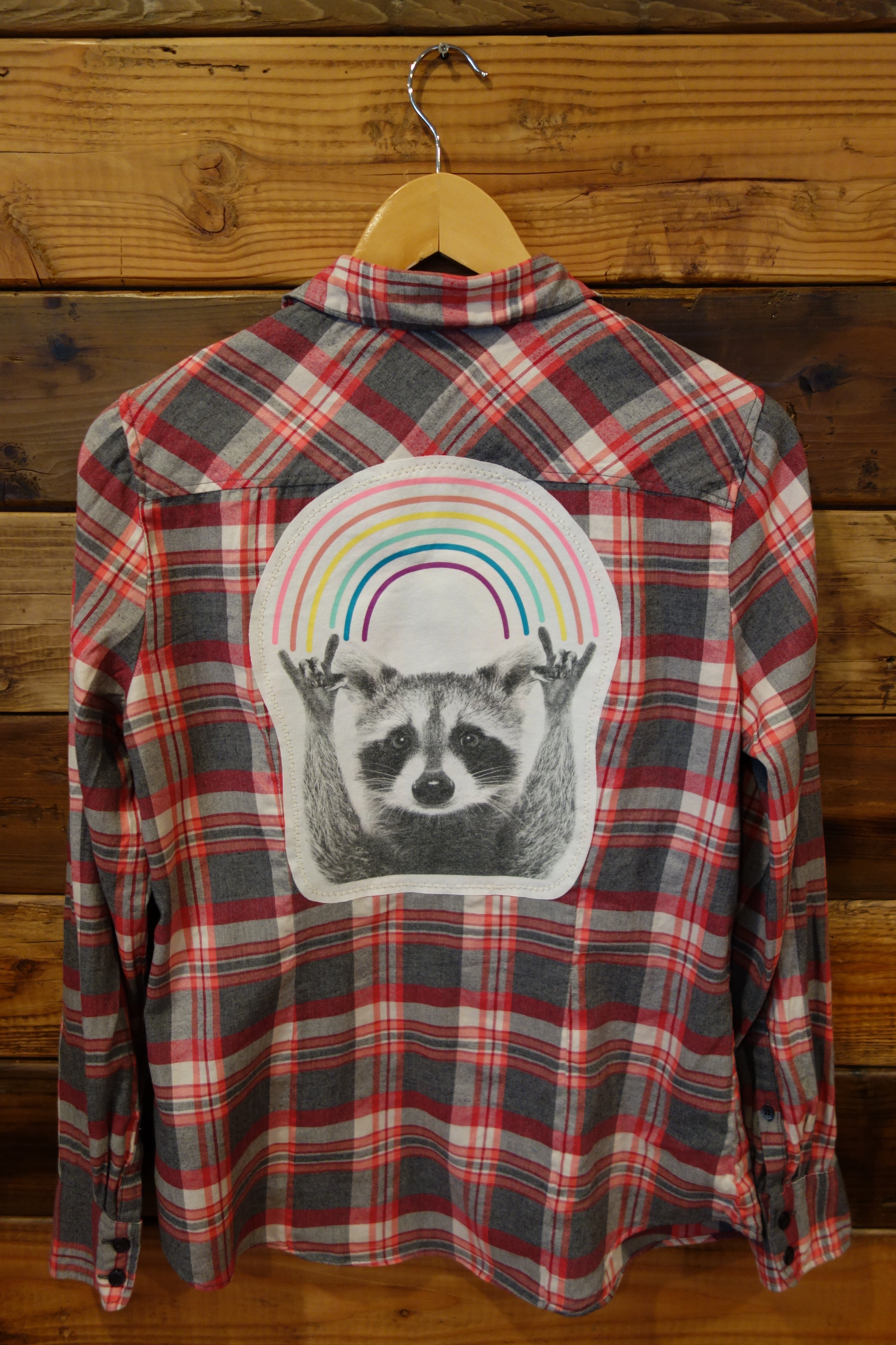 J Crew flannel, one of a kind, raccoon and rainbow