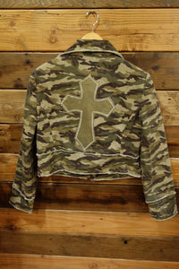 vintage camo denim crop jacket, one of a kind custom cross, military duffle