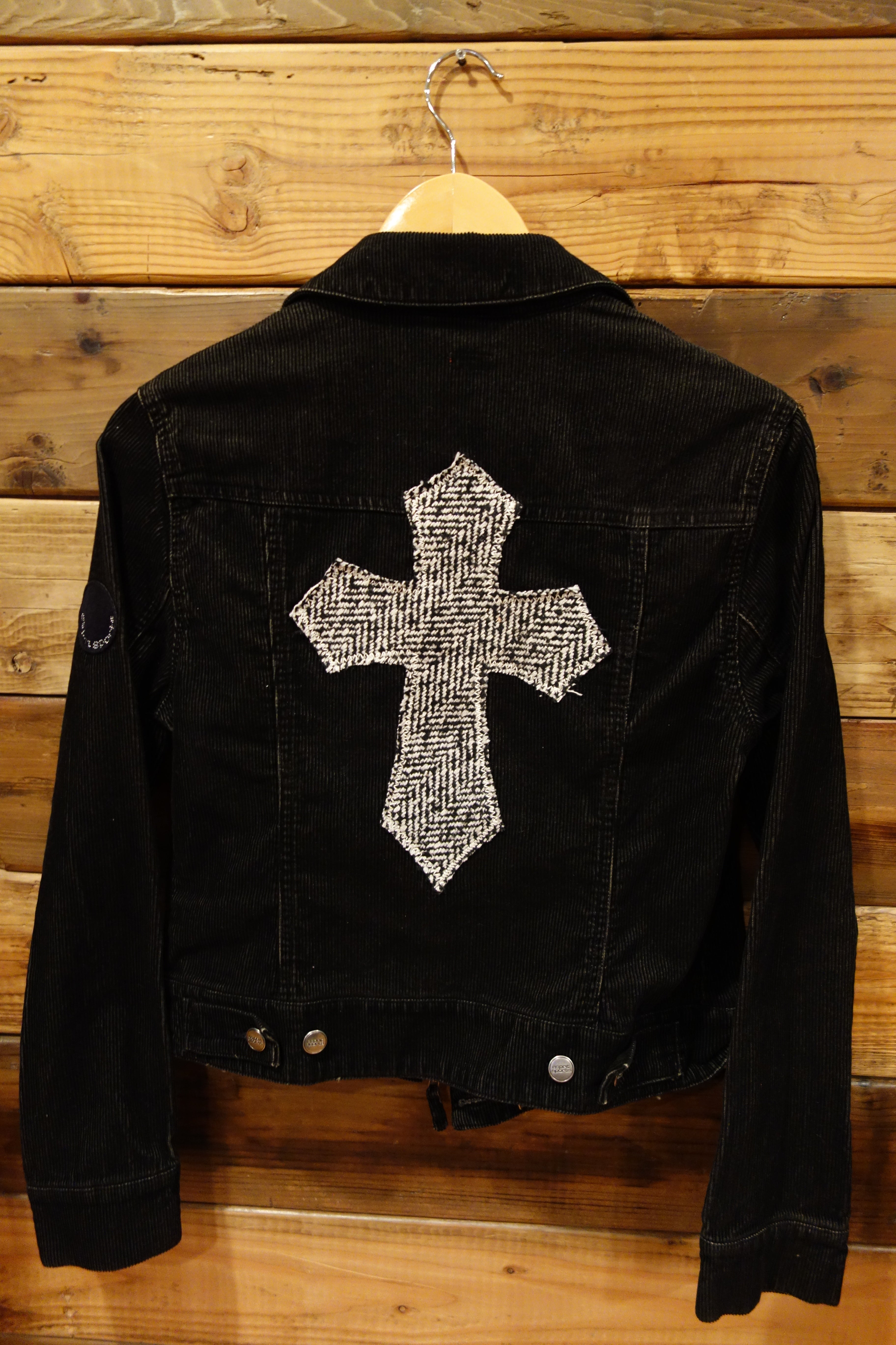 vintage Esprit corduroy black jacket, custom cross, one of a kind