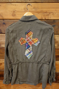 Gap custom vintage army green jacket, one of a kind quilt cross