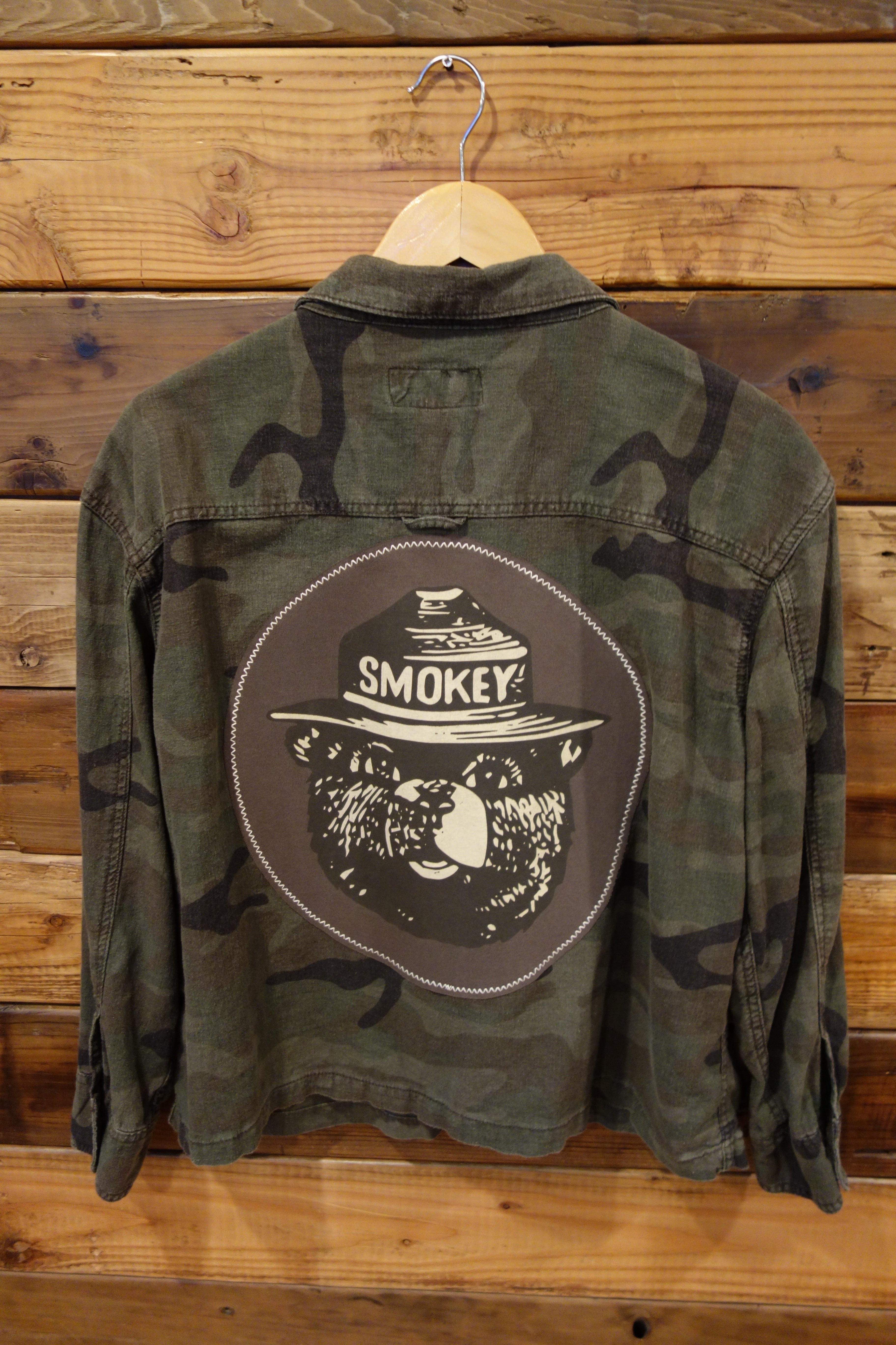 time and tru custom camo jacket, smokey bear tee