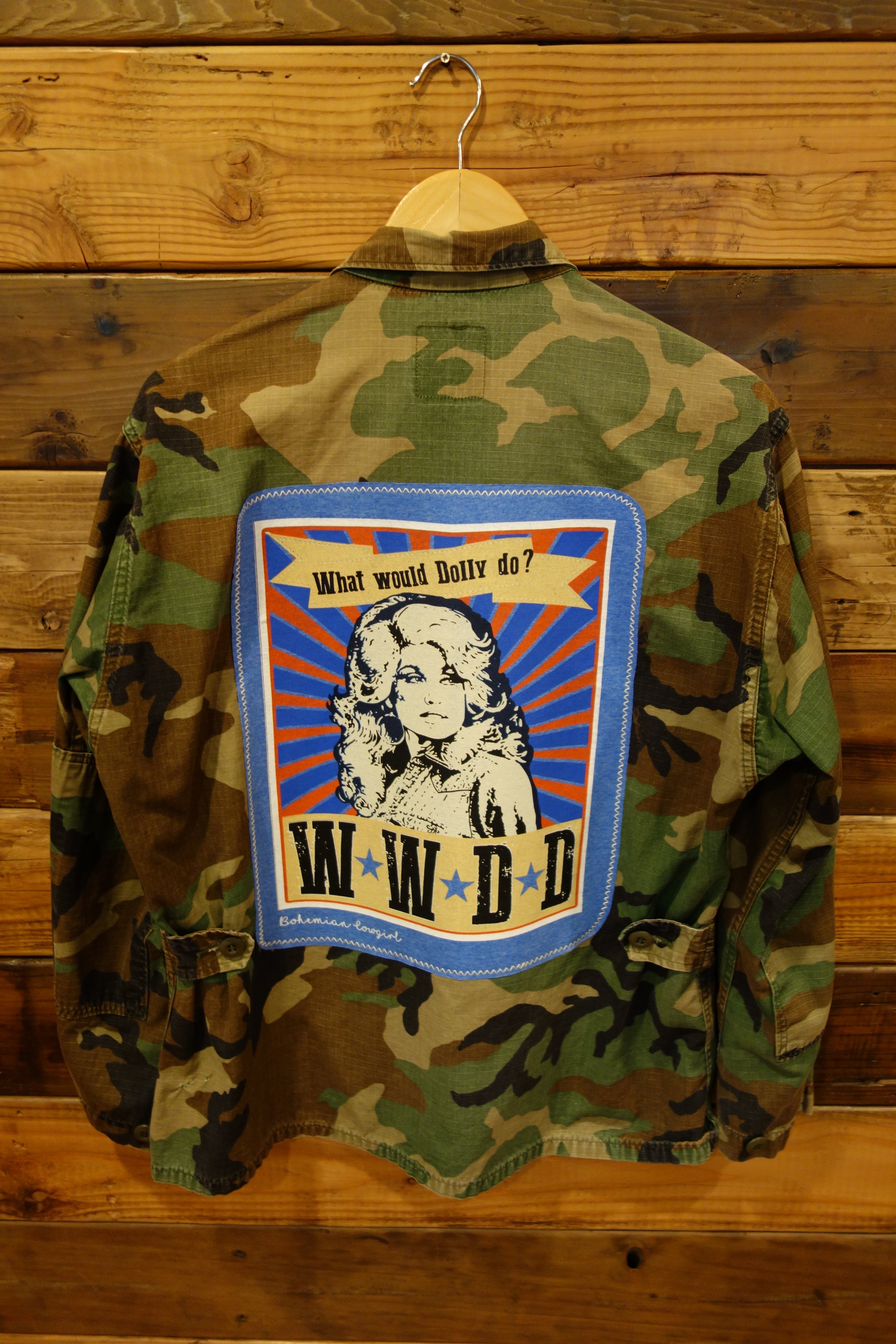 US military camo jacket, Dolly Parton what would Dolly do