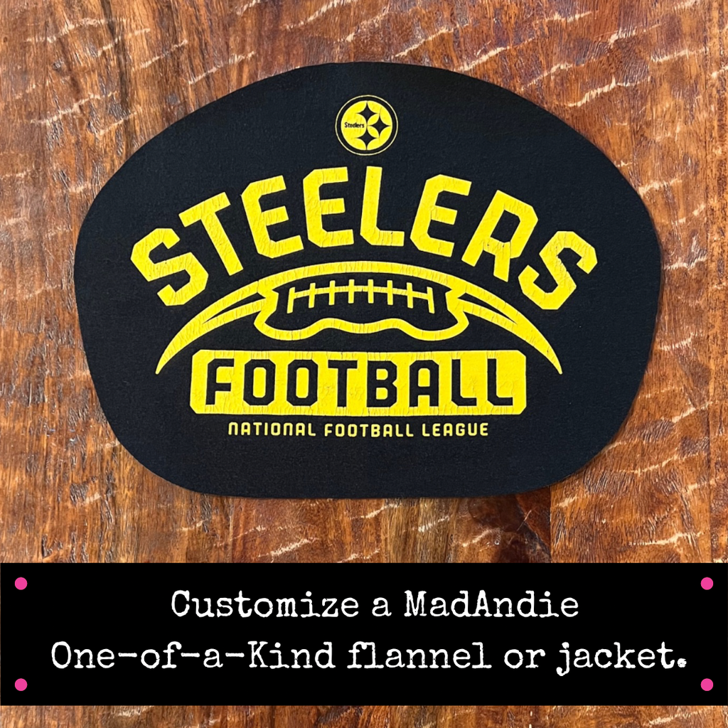 Pittsburgh Steelers NFL graphic from true vintage tee for MadAndie one-of-a-kind custom flannel or jacket 